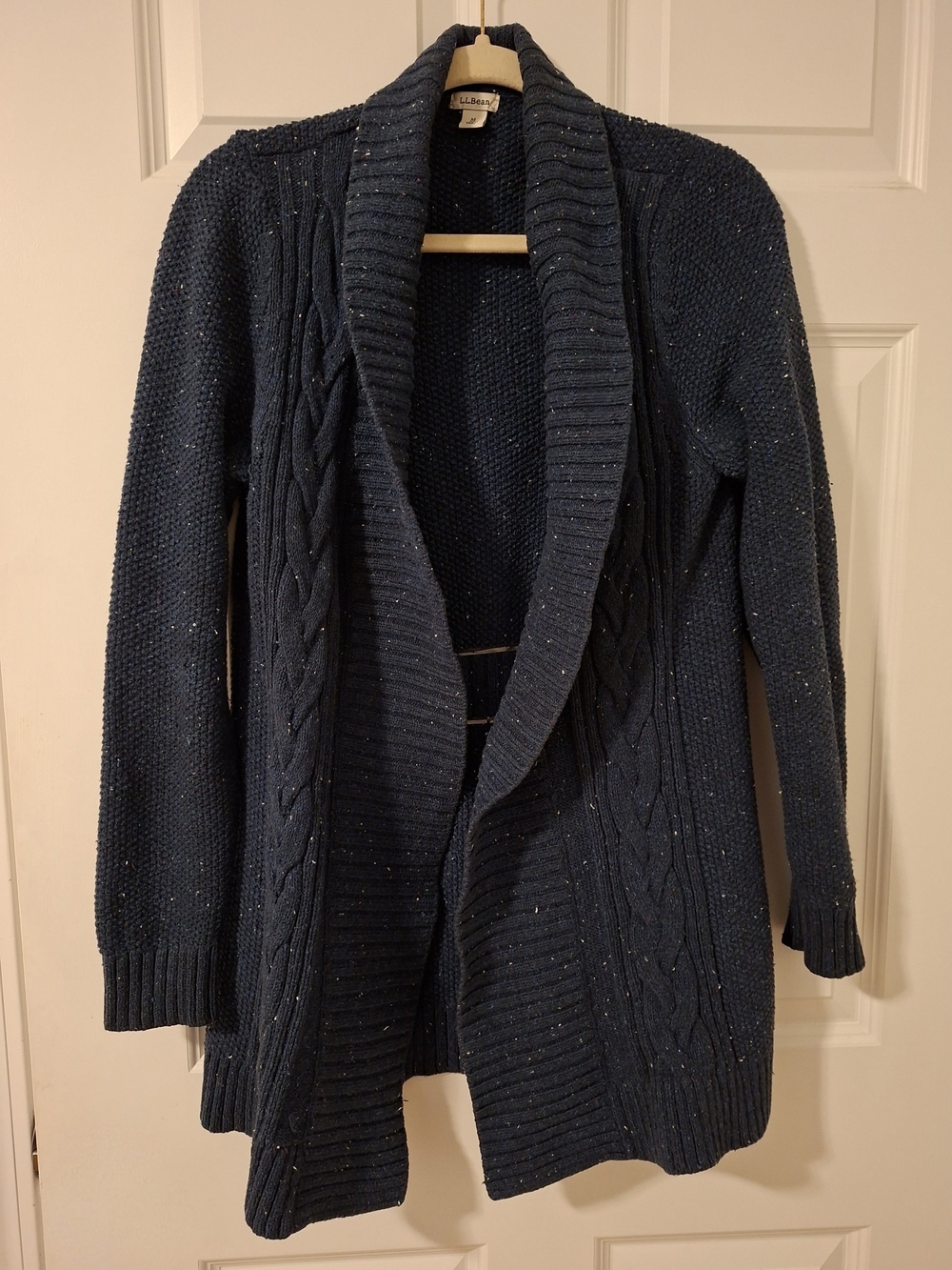 L.L. Bean Navy Open-Front Cable Knit Cardigan with Shawl Collar, Size M